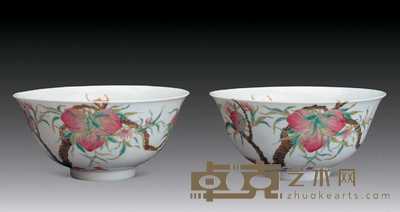 民国 粉彩九桃过墙花碗(一对) 直径15.5cm